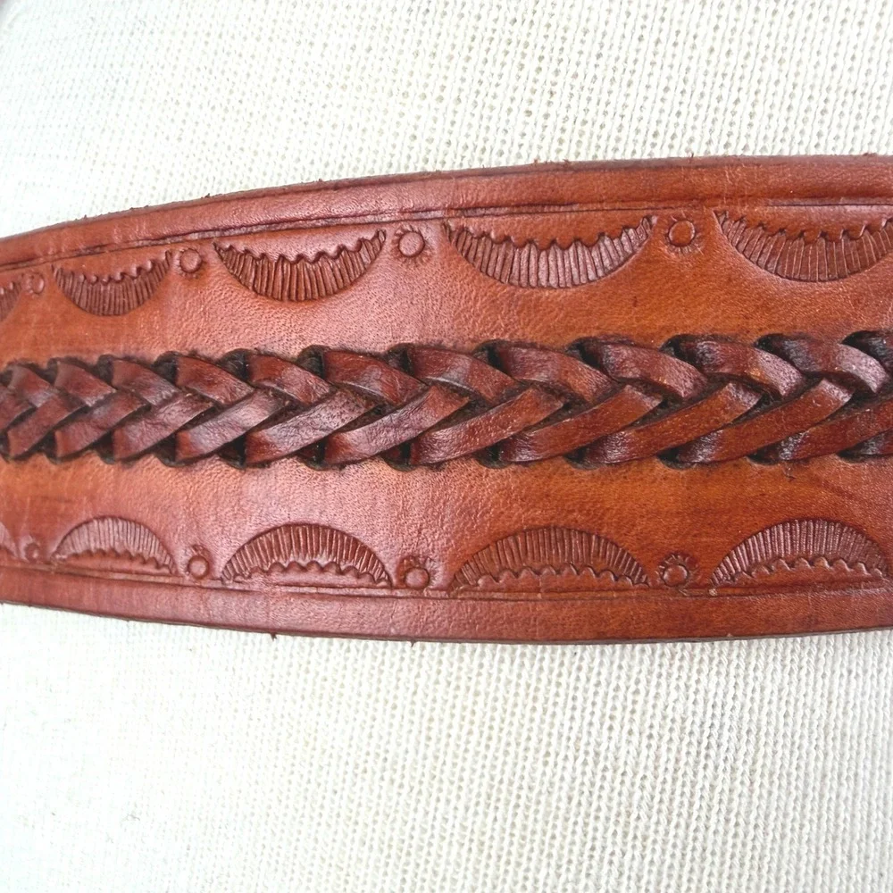 Mens Hand Tooled Leather Belt|38|Warm Brown Leather Braided Western Cowboy Rodeo